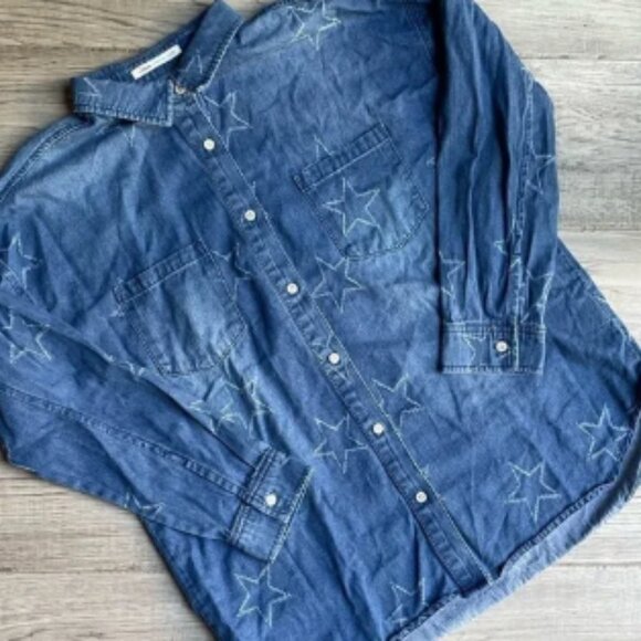 lipstar Tops - Fun Denim Button Down Shirt Distressed Star Pattern Throughout Boxy Cut SZ M